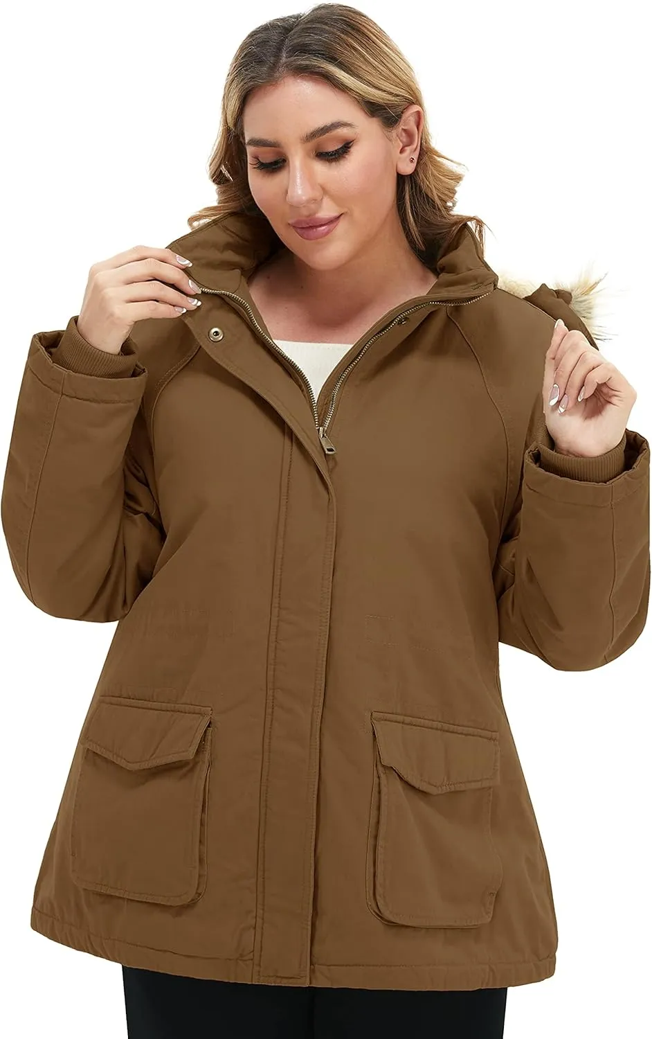 Soularge Women's Winter Plus Size Sherpa Lined Jacket with Detachable Hood