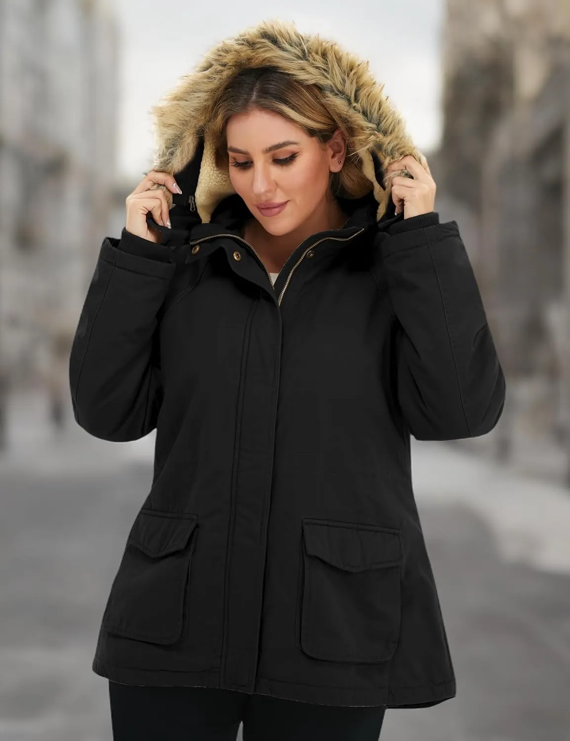 Soularge Women's Winter Plus Size Sherpa Lined Jacket with Detachable Hood