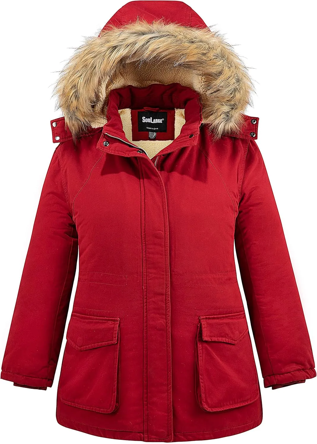 Soularge Women's Winter Plus Size Sherpa Lined Jacket with Detachable Hood