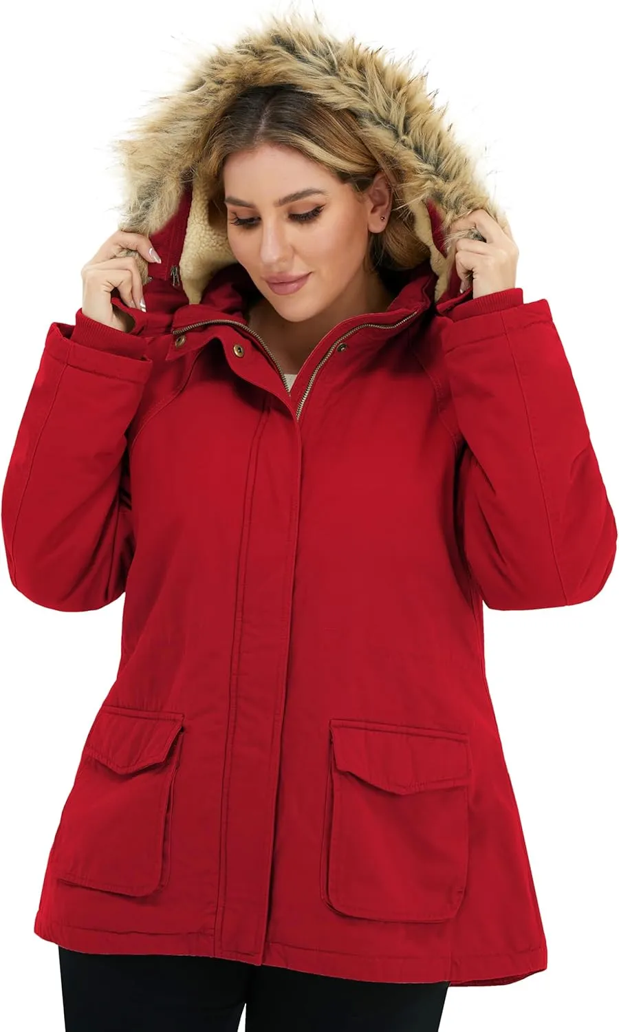 Soularge Women's Winter Plus Size Sherpa Lined Jacket with Detachable Hood