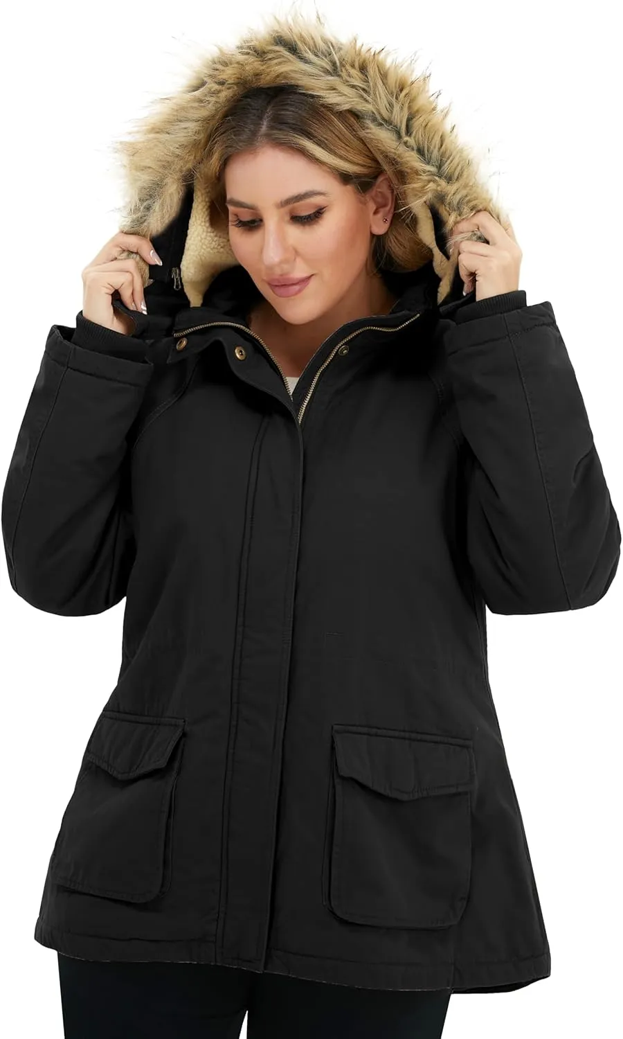 Soularge Women's Winter Plus Size Sherpa Lined Jacket with Detachable Hood