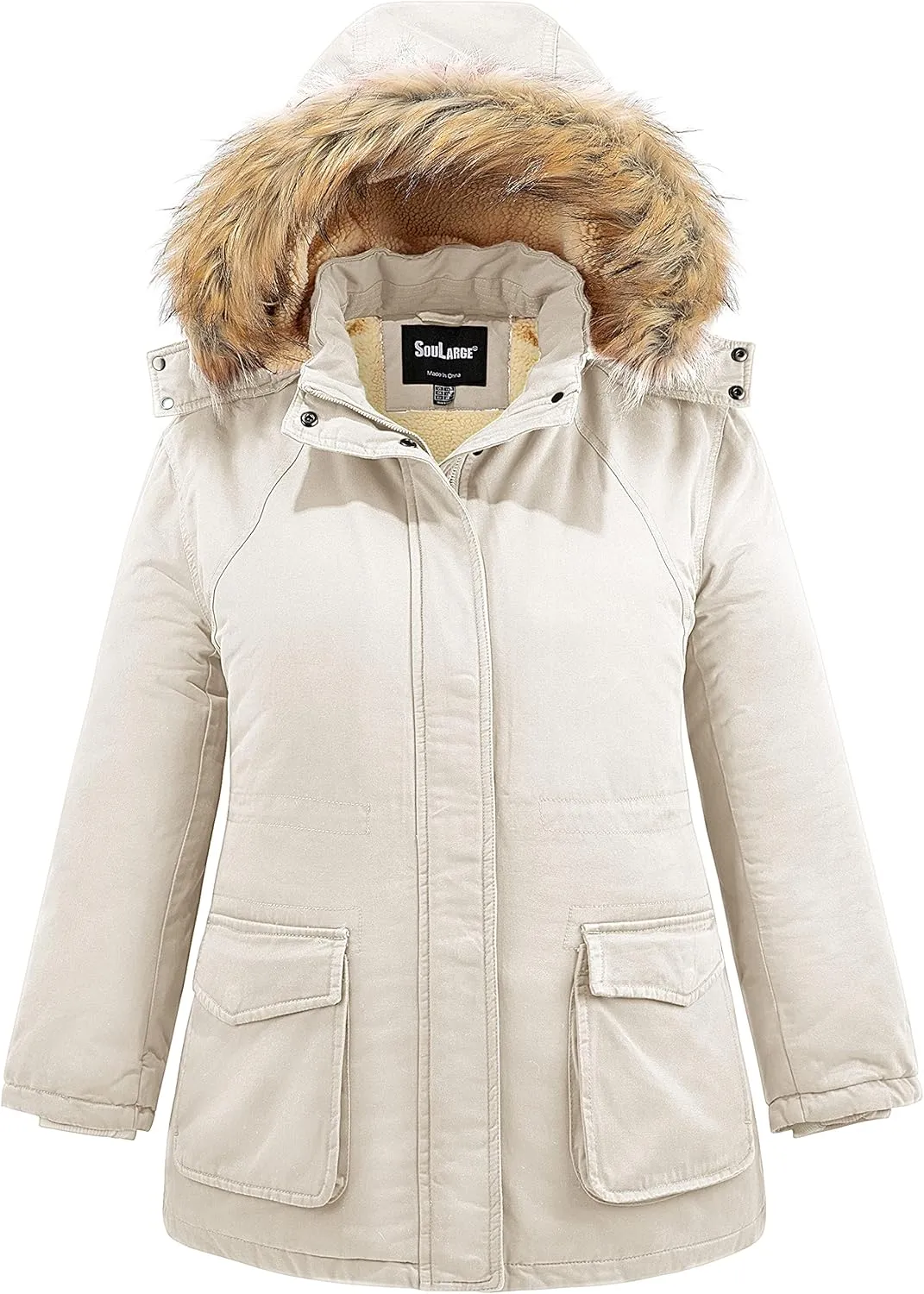 Soularge Women's Winter Plus Size Sherpa Lined Jacket with Detachable Hood
