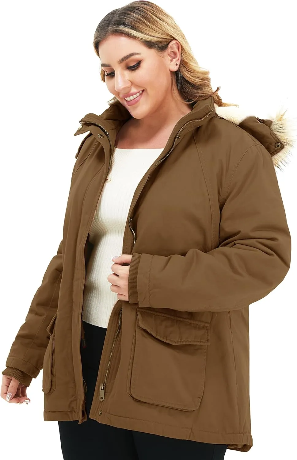 Soularge Women's Winter Plus Size Sherpa Lined Jacket with Detachable Hood