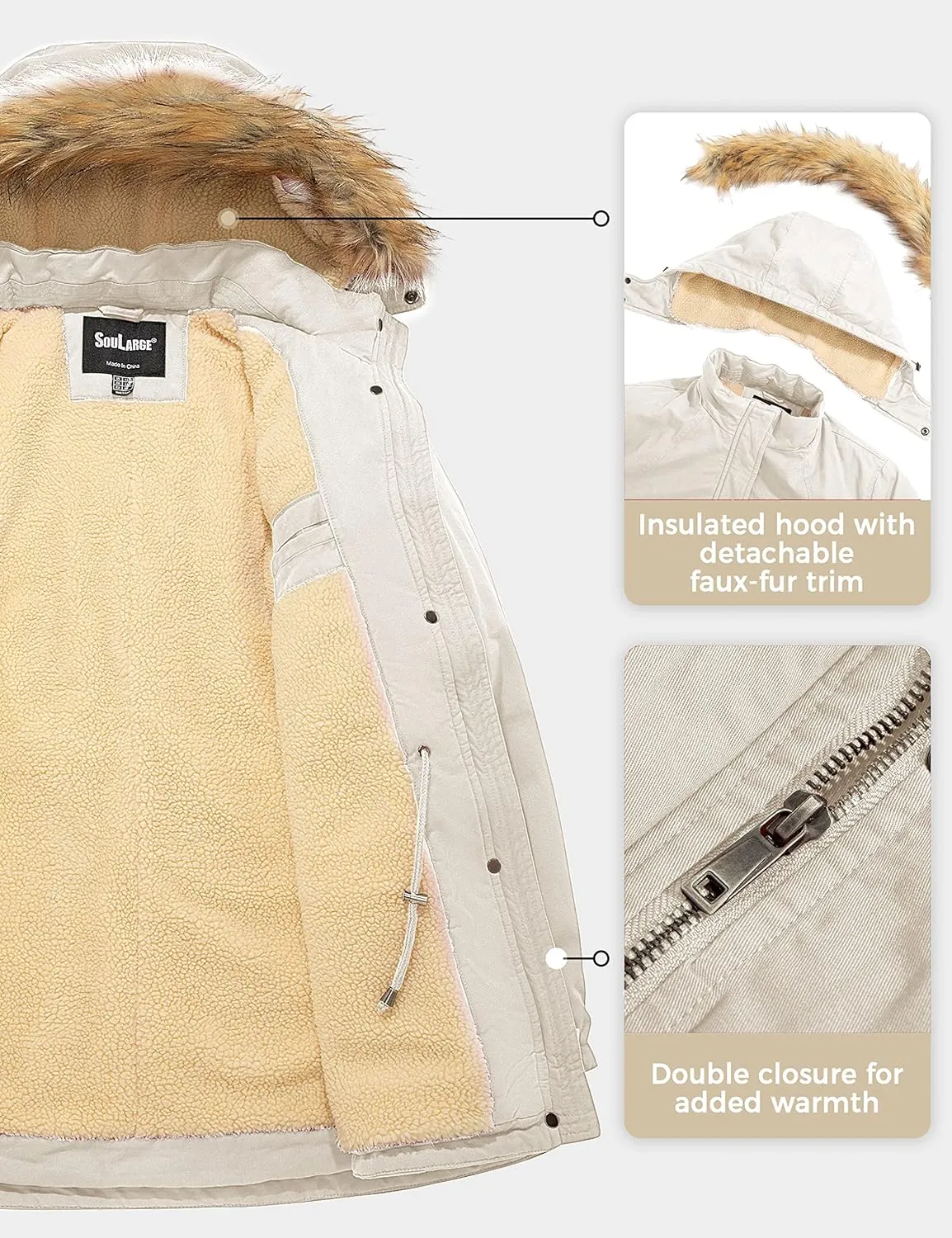 Soularge Women's Winter Plus Size Sherpa Lined Jacket with Detachable Hood