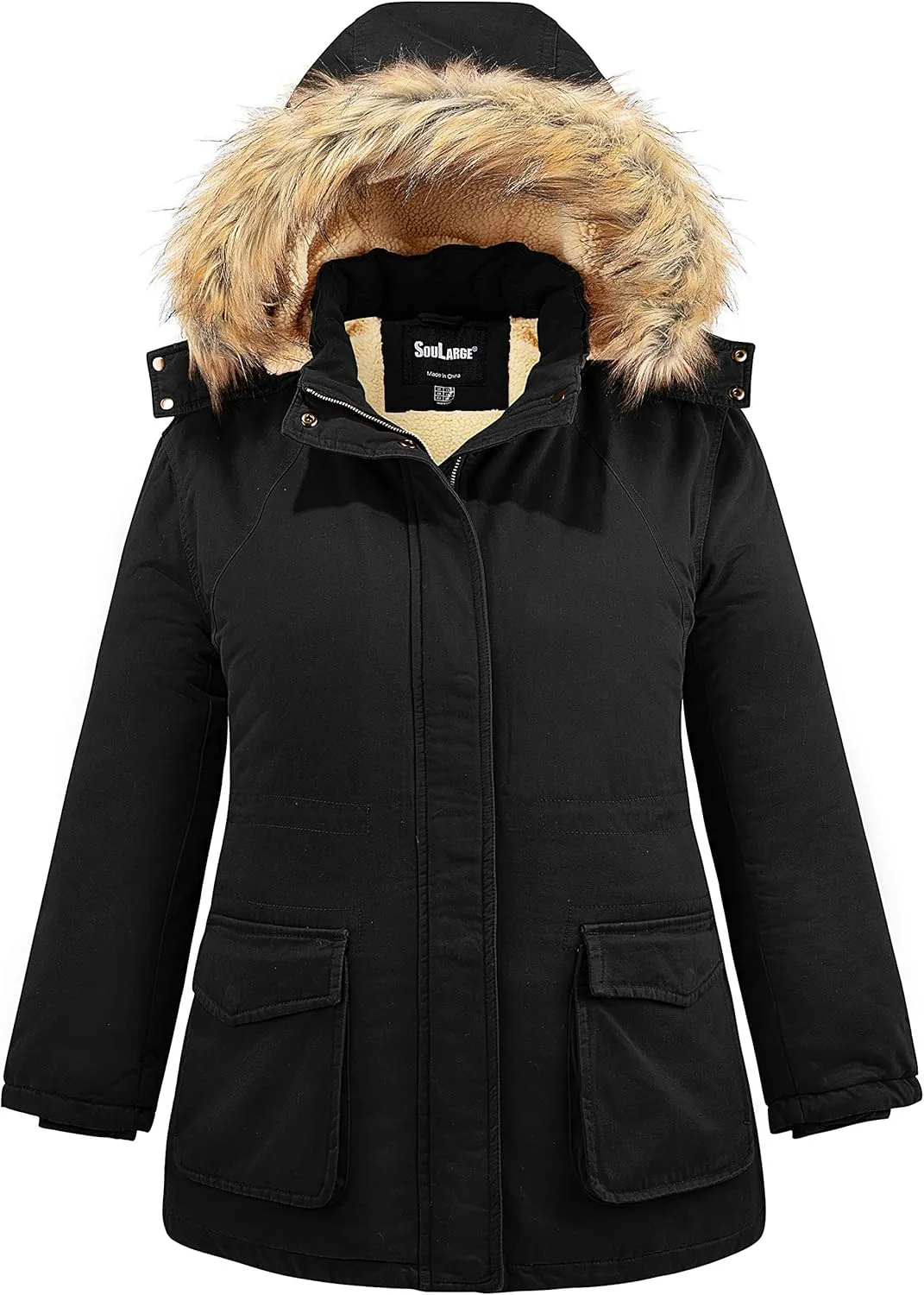 Soularge Women's Winter Plus Size Sherpa Lined Jacket with Detachable Hood