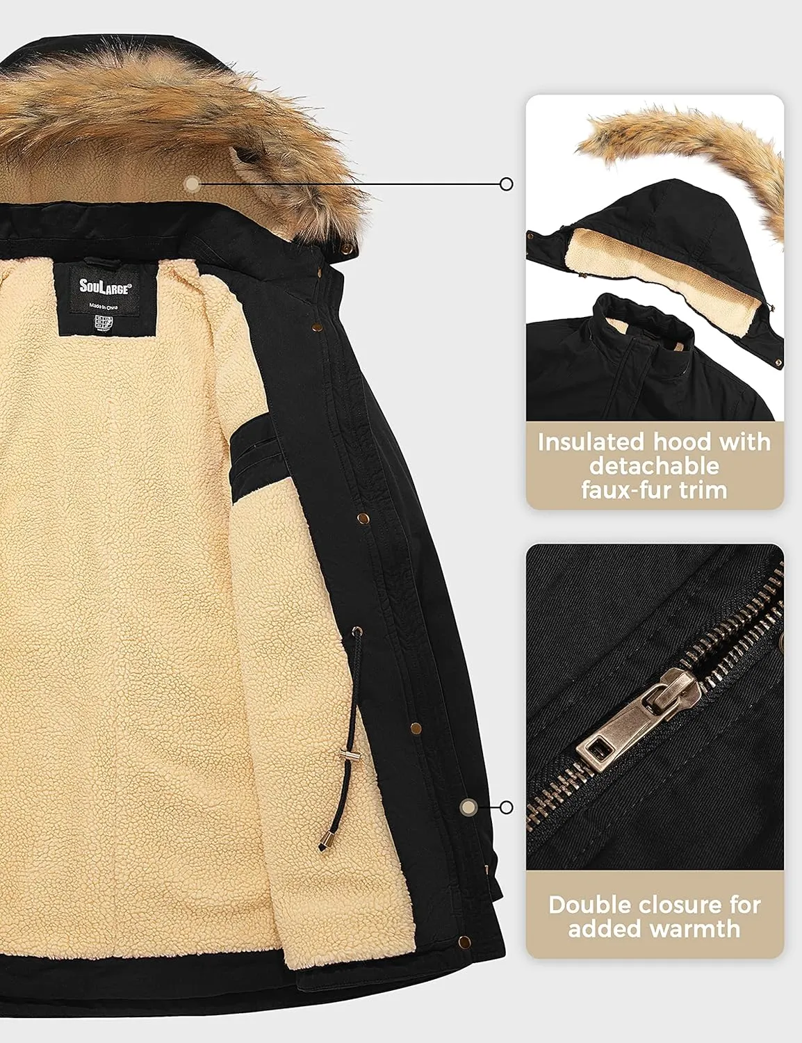 Soularge Women's Winter Plus Size Sherpa Lined Jacket with Detachable Hood