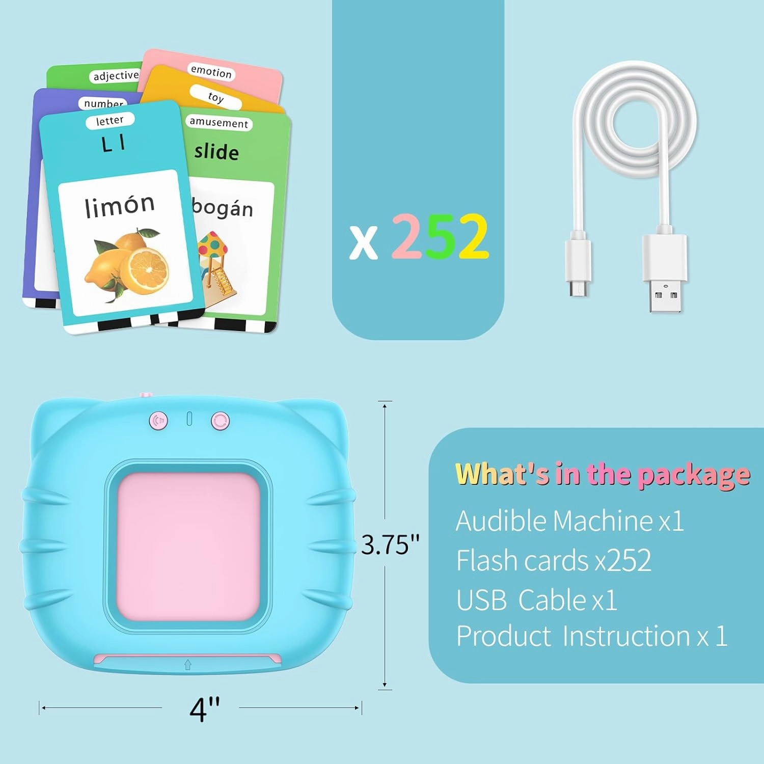 Spanish English Bilingual Learning Toys, Educational ABC Talking Flash Cards with 520 Sight Words, Autism Sensory Toys, Toddler Toys for 2 3 4 5 6 Year Old, Easter/Xmas/Birthday Gift, Blue