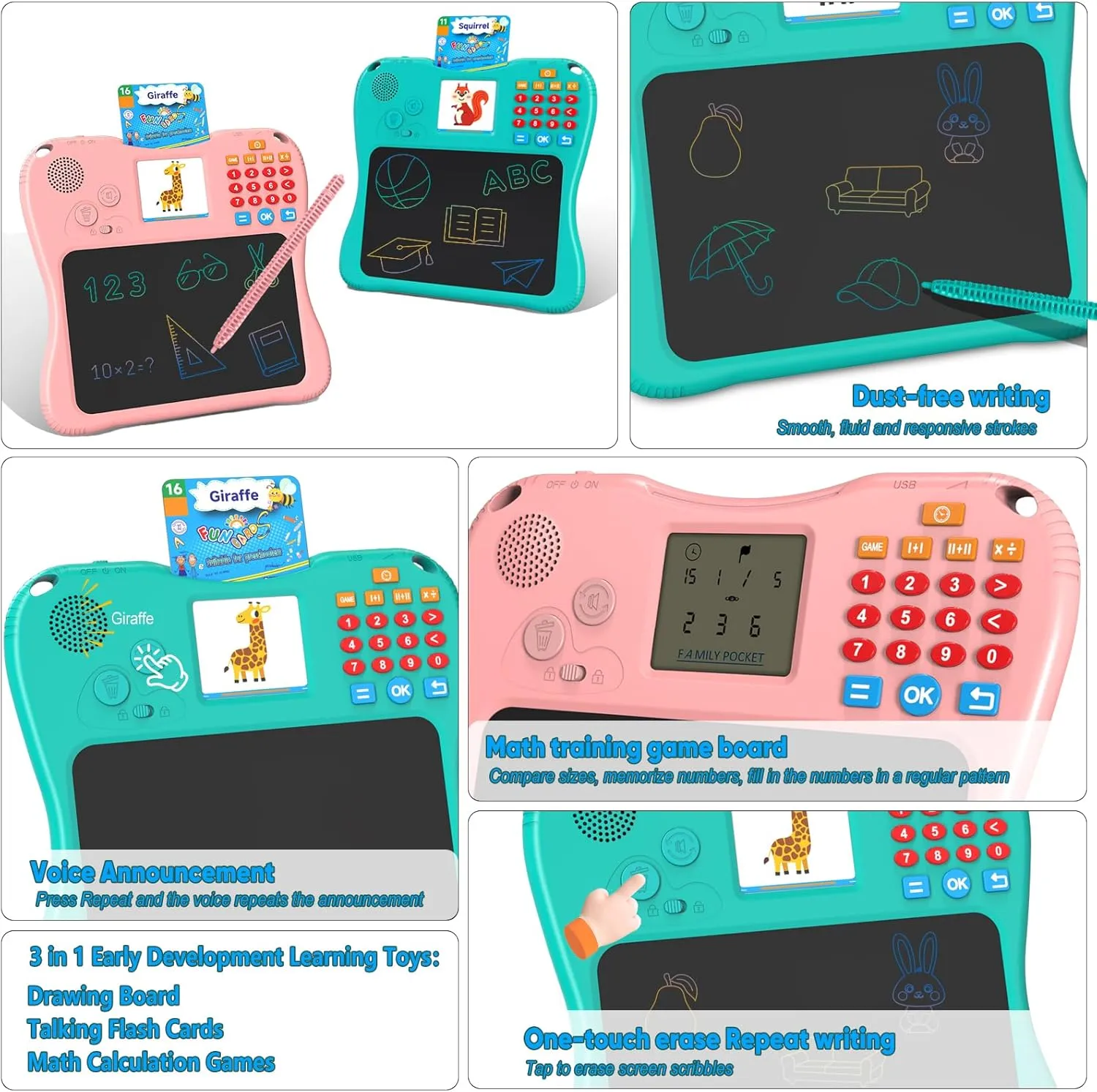 SPG300 3-in-1 Kids Learning Tablet Oral Arithmetic,130 Memory Cards, Drawing Board,7.5" Screen Educational Toy for Math & Creativity,Portable Learning System for Ages 2 