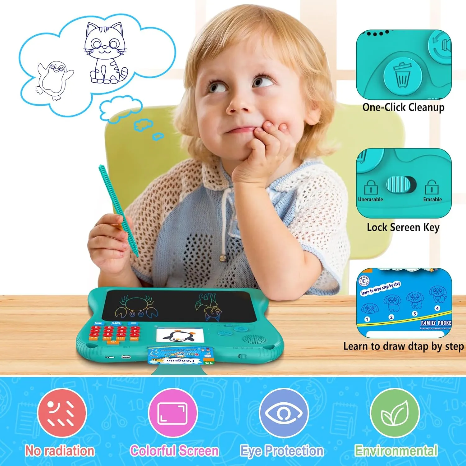 SPG300 3-in-1 Kids Learning Tablet Oral Arithmetic,130 Memory Cards, Drawing Board,7.5" Screen Educational Toy for Math & Creativity,Portable Learning System for Ages 2 