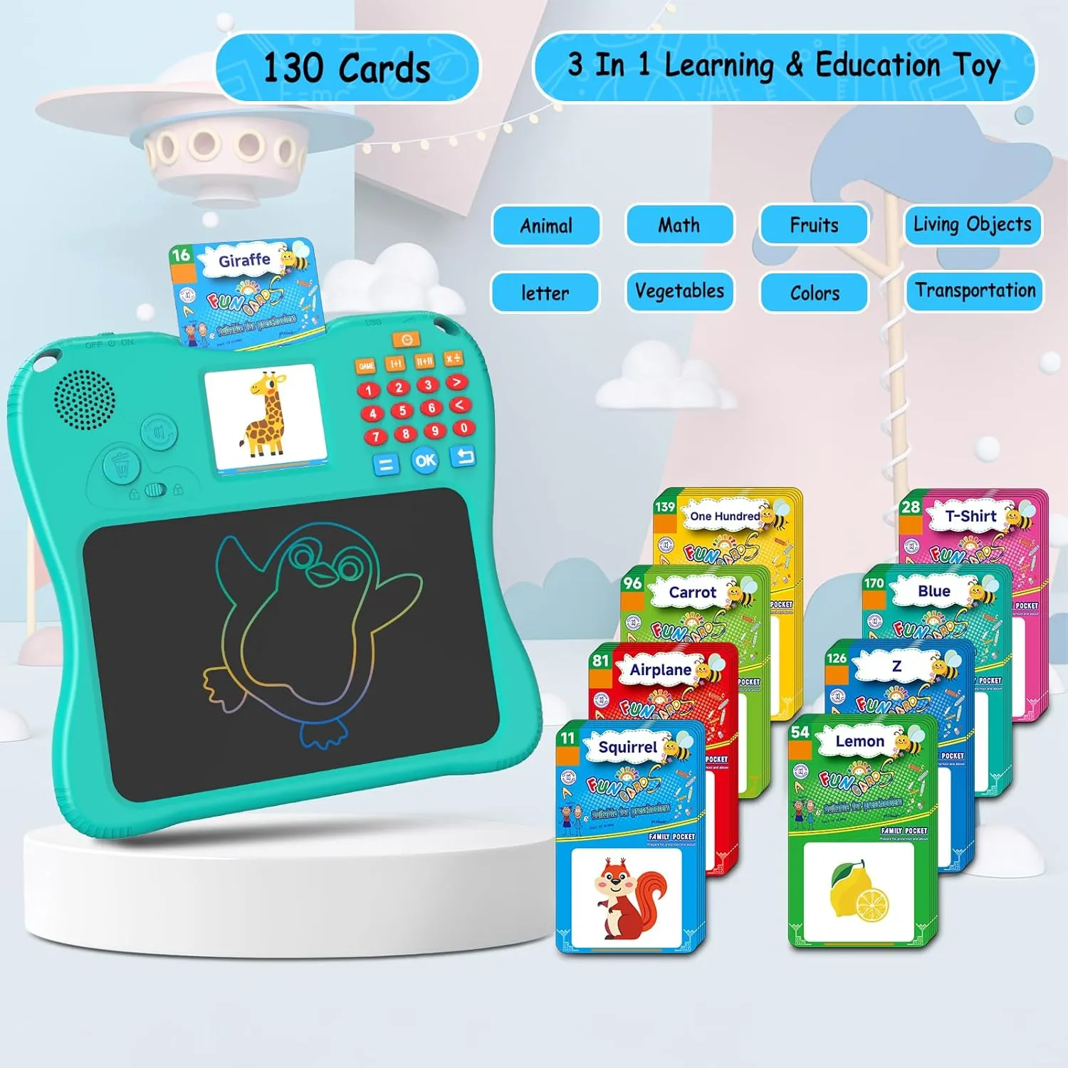 SPG300 3-in-1 Kids Learning Tablet Oral Arithmetic,130 Memory Cards, Drawing Board,7.5" Screen Educational Toy for Math & Creativity,Portable Learning System for Ages 2 