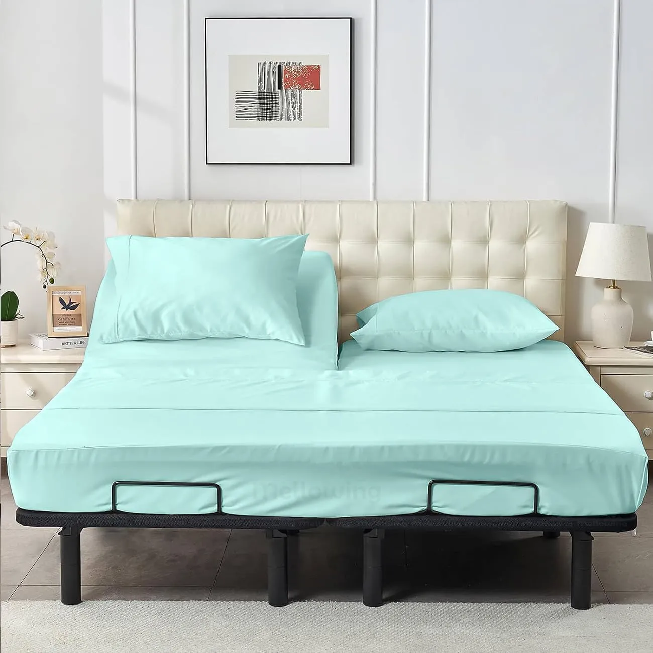 Split Head Flex Queen Sheet Sets for Adjustable Beds-Split Top Queen Sheets for Sleep Number Bed - 100% Egyptian Cotton 4 Pc Sheet Set (18" Deep, Half Split Fitted Queen 34"- Aqua Blue)