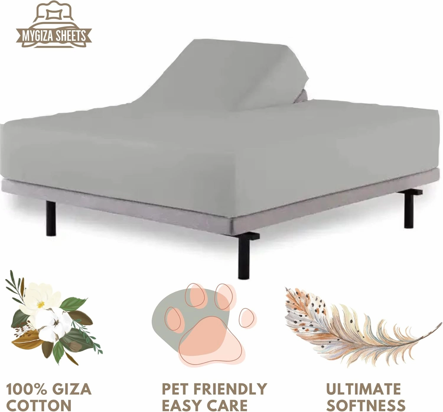 Split Top King Fitted Sheet Only for Sleep Number Adjustable Beds,100% Giza Cotton,Split Top King Fitted Sheet for Adjustable Bed,Adjustable Bed Fitted Sheet 34" Flex Head King Size,1 Pc (Light Grey)