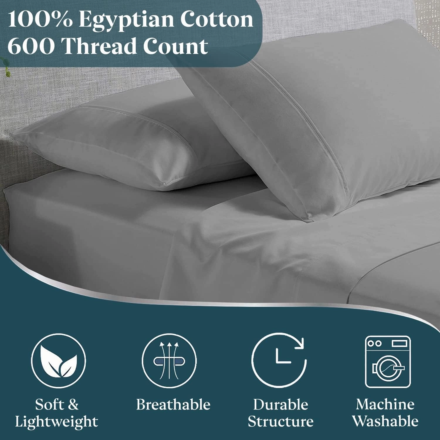 Split Top King Sheet Set - 100% Cotton, 600 Thread Count Flex Head King Sheets for Sleep Number Bed - 16" Deep Pocket cooling Sheets for Flex Top King Adjustable Bed - Split King/34" Down - Light Grey
