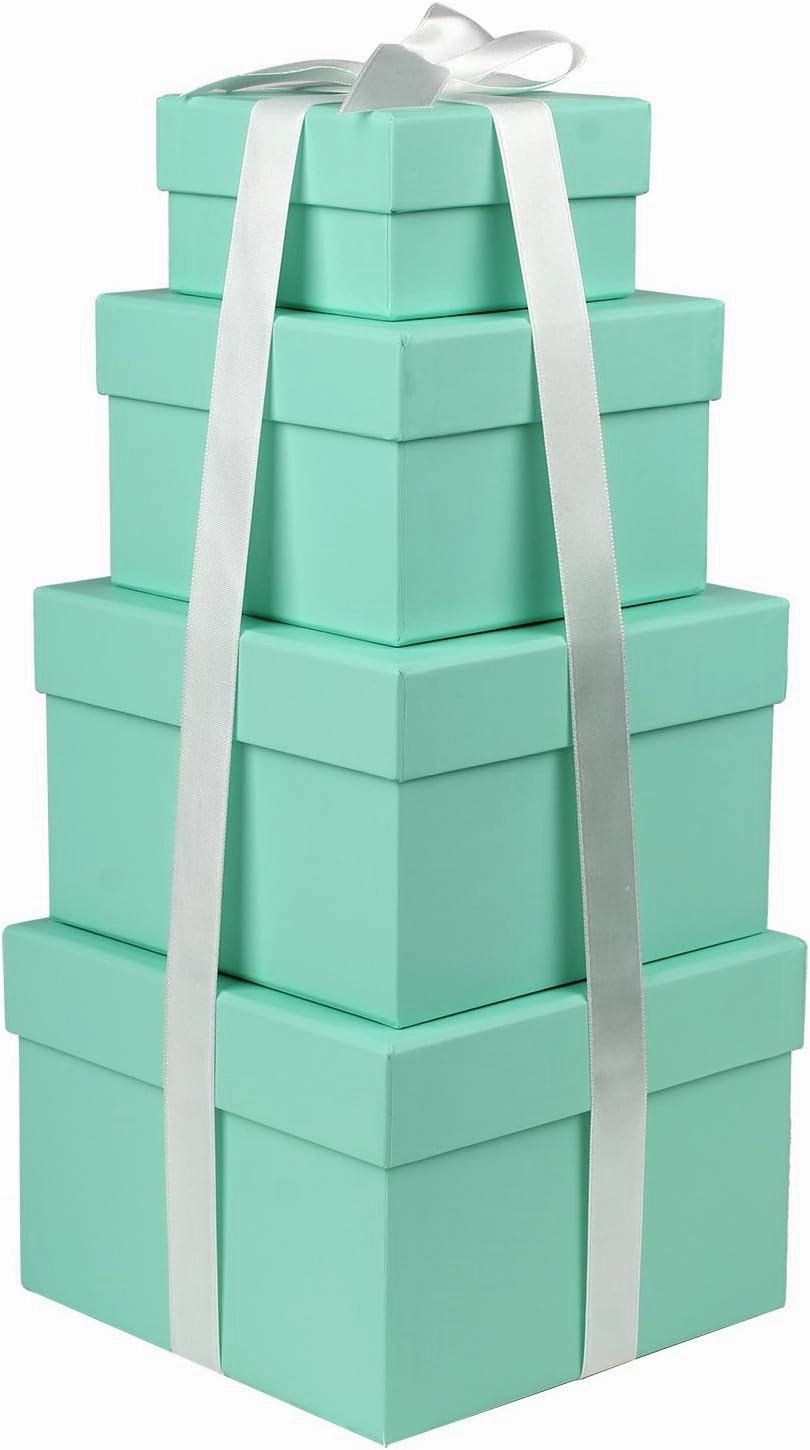 Square Gift Boxes with Lids Set of 4 Teal Green Gift Box Assorted Sizes Nesting Gift Boxes for Presents Birthday Bridesmaid Wedding Valentines Christmas Party Favor Boxes