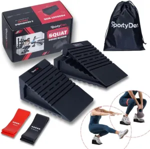 Squat Wedge Block Set (4 Pcs) - [M&W Shoes US9 & Below] Adjustable Heel Elevated Slant Board for Calf Raises, Non-Slip Rubber Squat Ramp for Weightlifting and Stretching, Storage Bag & Bands.