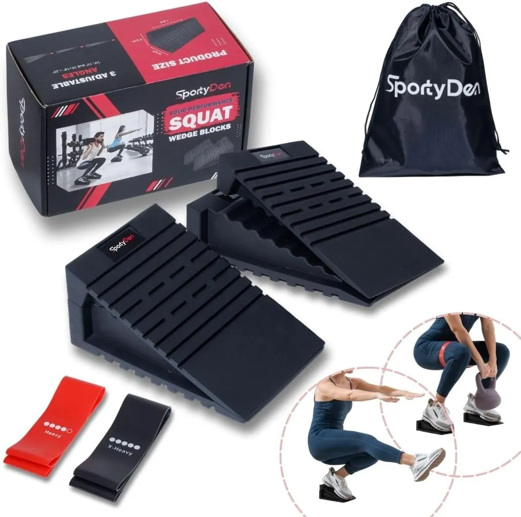 Squat Wedge Block Set (4 Pcs) - [M&W Shoes US9 & Below] Adjustable Heel Elevated Slant Board for Calf Raises, Non-Slip Rubber Squat Ramp for Weightlifting and Stretching, Storage Bag & Bands.