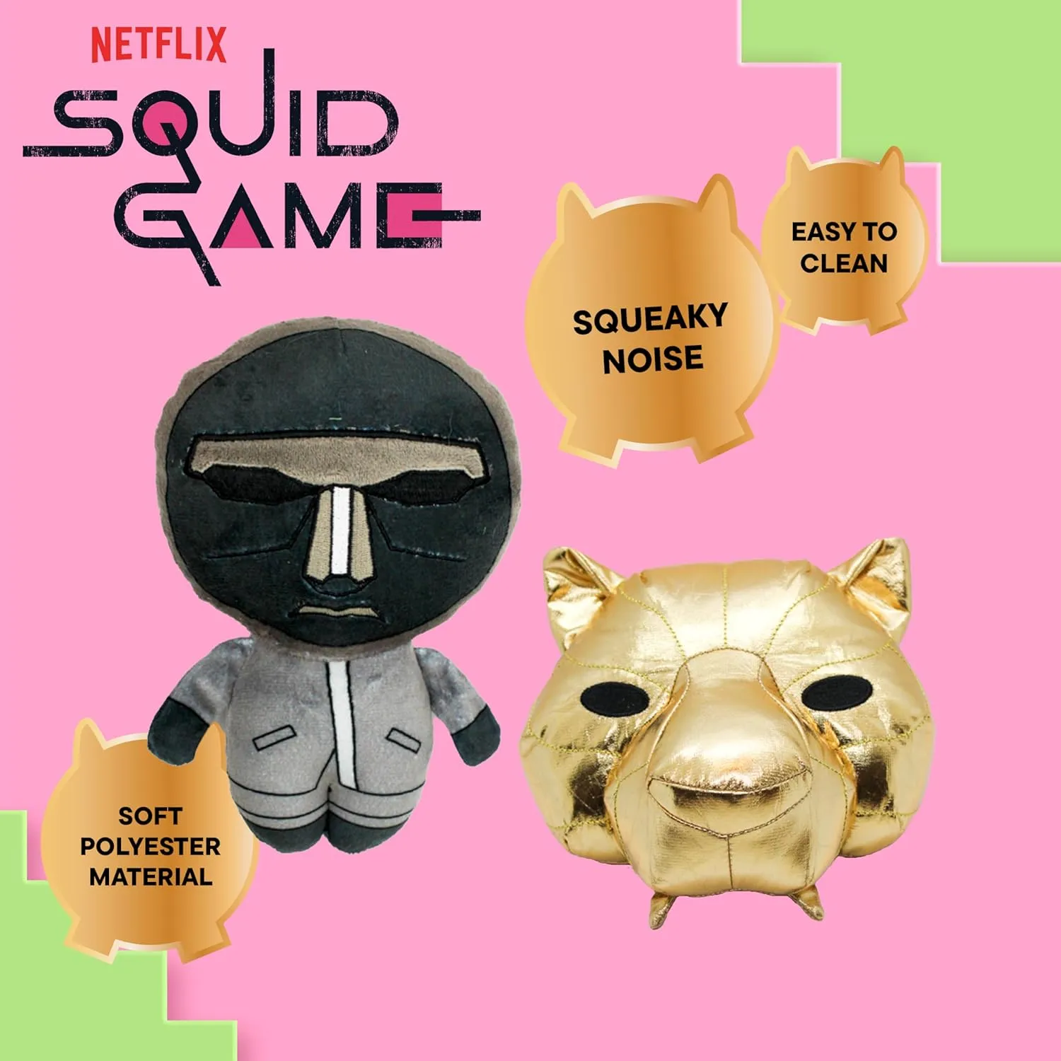 Squid Game Official Merchandise | Collectible Dog Toys | Hwang in-ho & VIP Mask | Squeaky Plush Toy for Interactive Indoor Play