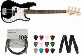 Squier by Fender Mini Precision Bass (Laurel, Black) Bundle with 10ft Cable, 12-Pack Picks, and 2" Guitar Straps