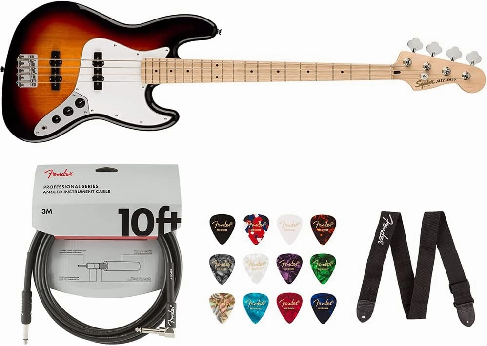 Squier Jazz Bass Bundle - Maple Fingerboard, 3-Color Sunburst with Fender Accessories