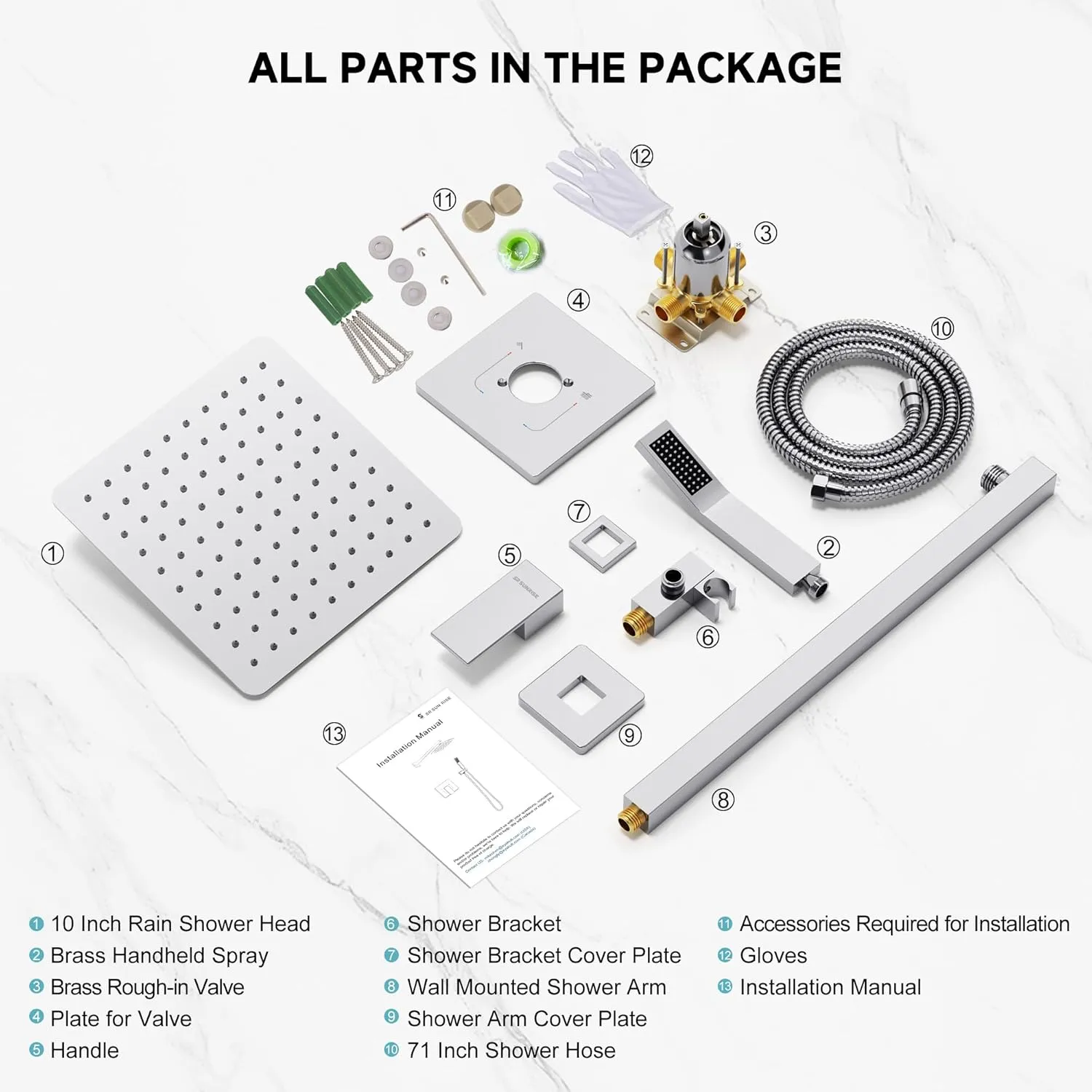 SR SUN RISE Shower Faucet Set - Bathroom 10 Inch Rainfall Shower Head & Handle Set Wall Mounted Rain Shower System Polished Chrome - Pressure Balanced Mixing Valve