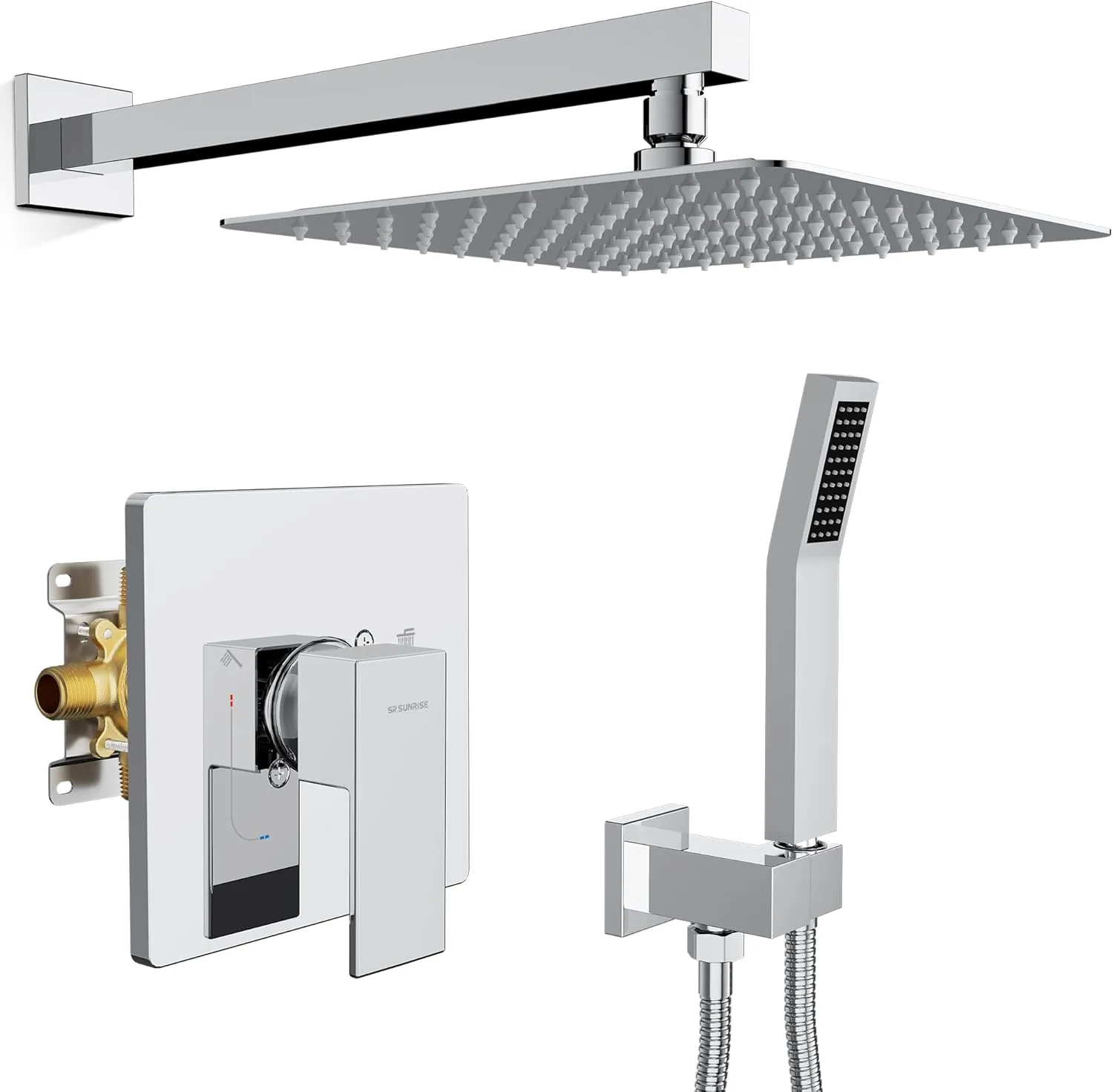 SR SUN RISE Shower Faucet Set - Bathroom 10 Inch Rainfall Shower Head & Handle Set Wall Mounted Rain Shower System Polished Chrome - Pressure Balanced Mixing Valve