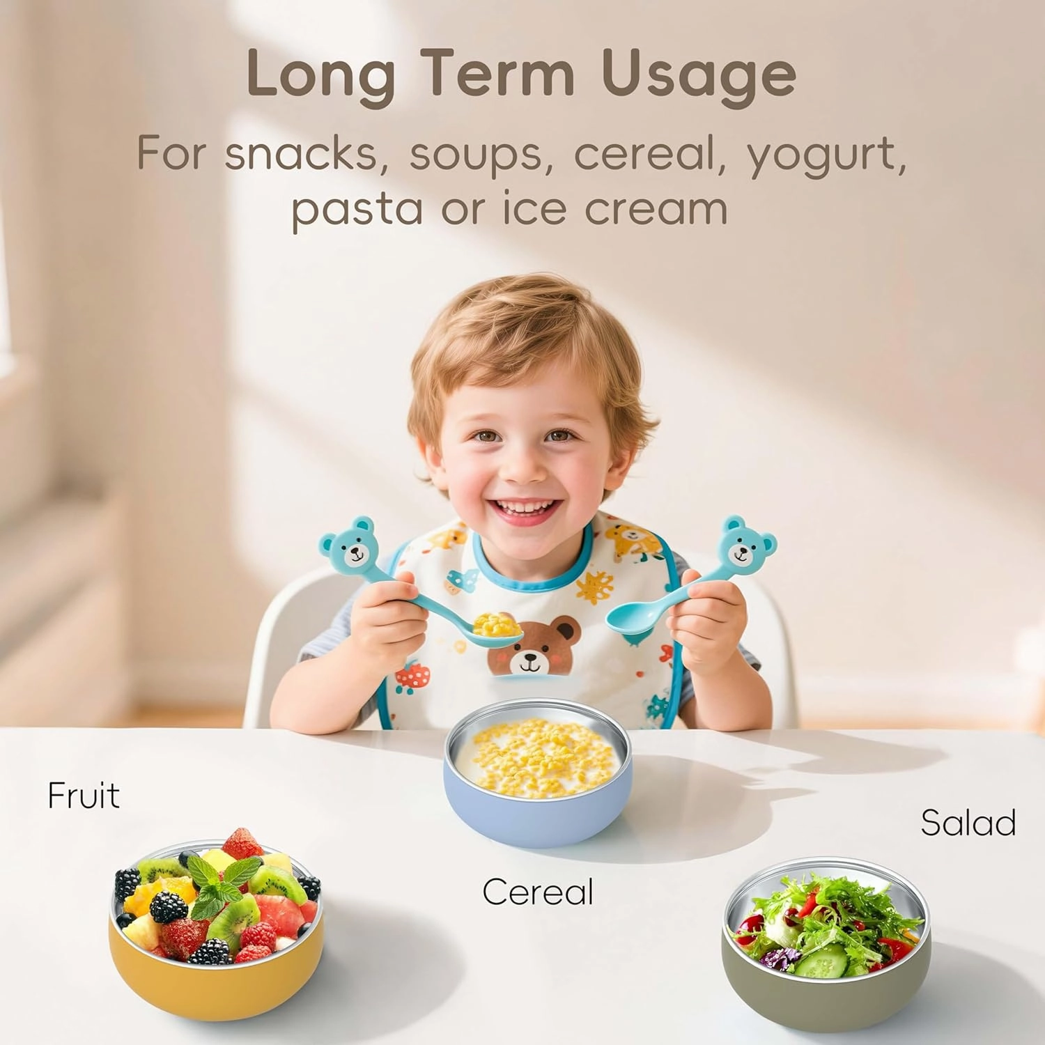 Stainless Steel and Silicone Baby Bowls 3 Packs 4.3” Kids Feeding,Non-Toxic&Lead-Free&Mess Free Toddler Bowl Set,Dishwasher Safe&Extra Strong Base&Fit Highchar Size,blue yellow green