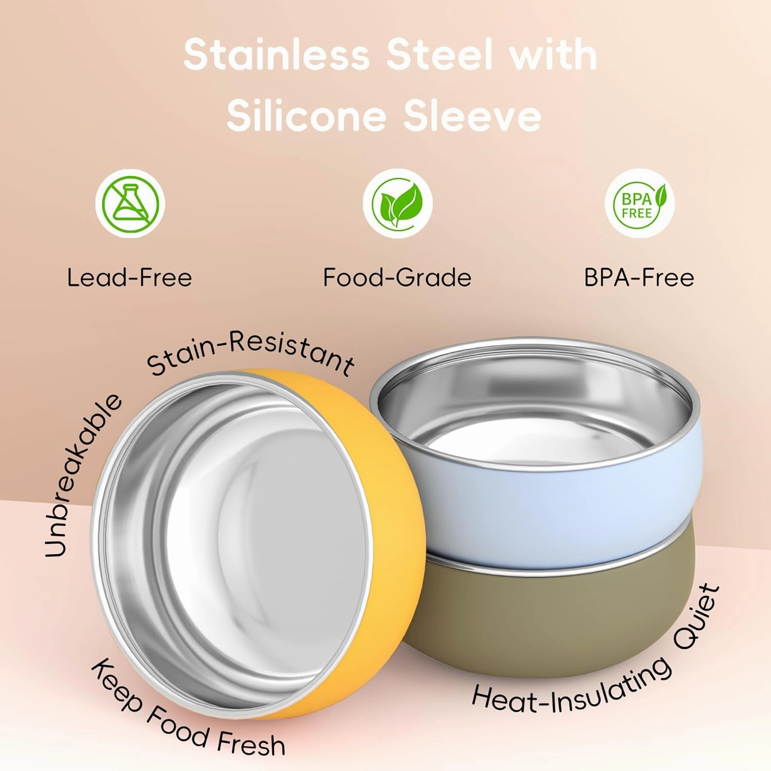 Stainless Steel and Silicone Baby Bowls 3 Packs 4.3” Kids Feeding,Non-Toxic&Lead-Free&Mess Free Toddler Bowl Set,Dishwasher Safe&Extra Strong Base&Fit Highchar Size,blue yellow green