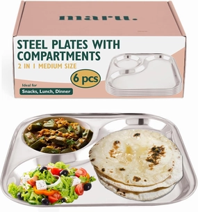 Stainless Steel Dinner Plates with 2in1 Compartment Section Set of 6, Durable & Large Bhojan Thali Plates, Perfect for Breakfast, Lunch & Dinner, Ideal for Serving Indian Meals – Lightweight