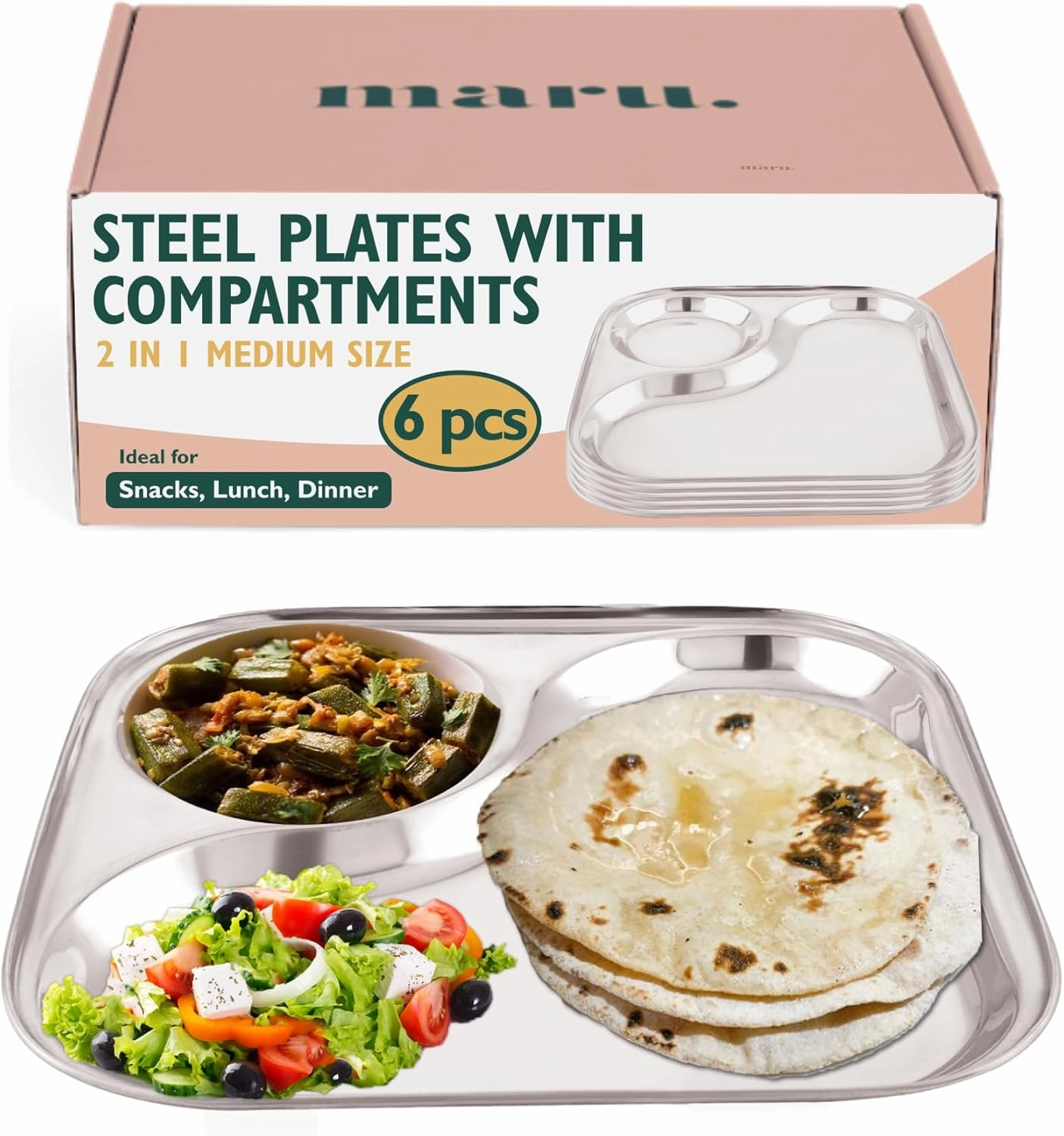 Stainless Steel Dinner Plates with 2in1 Compartment Section Set of 6, Durable & Large Bhojan Thali Plates, Perfect for Breakfast, Lunch & Dinner, Ideal for Serving Indian Meals – Lightweight