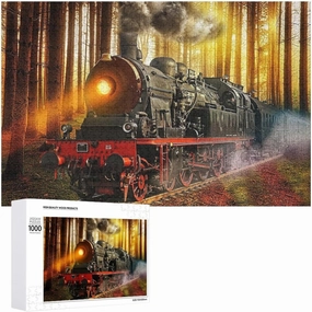 Steam Engine Train in Sunset Forest 1000 Piece Jigsaw Puzzle for Adults, Home Decor Birthday Party Gift Toy as Wall Art Decor Poster