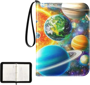 Sun Colorful Planets Space Pattern Card Binder 4 Pocket, Trading Card Holder Fits 400 Game Cards with 50 Removable Sleeves, MTG Card Case Standard Size