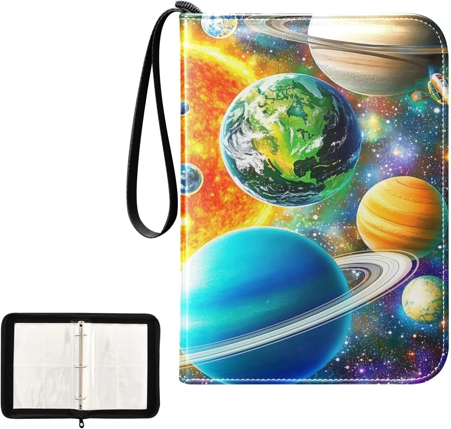 Sun Colorful Planets Space Pattern Card Binder 4 Pocket, Trading Card Holder Fits 400 Game Cards with 50 Removable Sleeves, MTG Card Case Standard Size