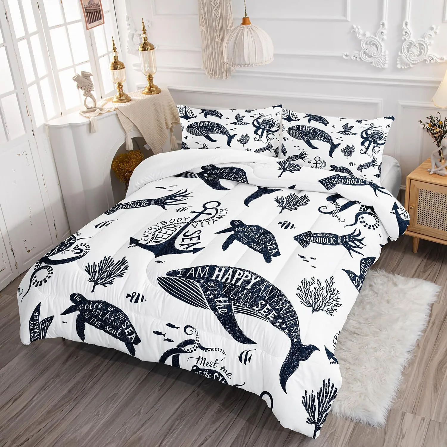 Suncloris Deep Ocean Sea Animal Comforter Set for Kids Teens, Twin Size Underwater World Marine Life Digital Art Bedding Quilt with 2 Sealife Creature Themed Pillowcases - 68" x 86" (Sealife, Twin)