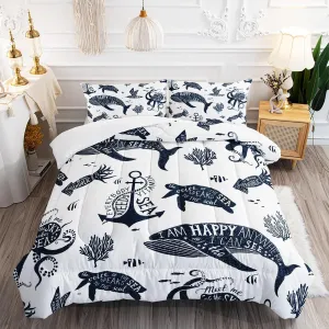 Suncloris Deep Ocean Sea Animal Comforter Set for Kids Teens, Twin Size Underwater World Marine Life Digital Art Bedding Quilt with 2 Sealife Creature Themed Pillowcases - 68" x 86" (Sealife, Twin)