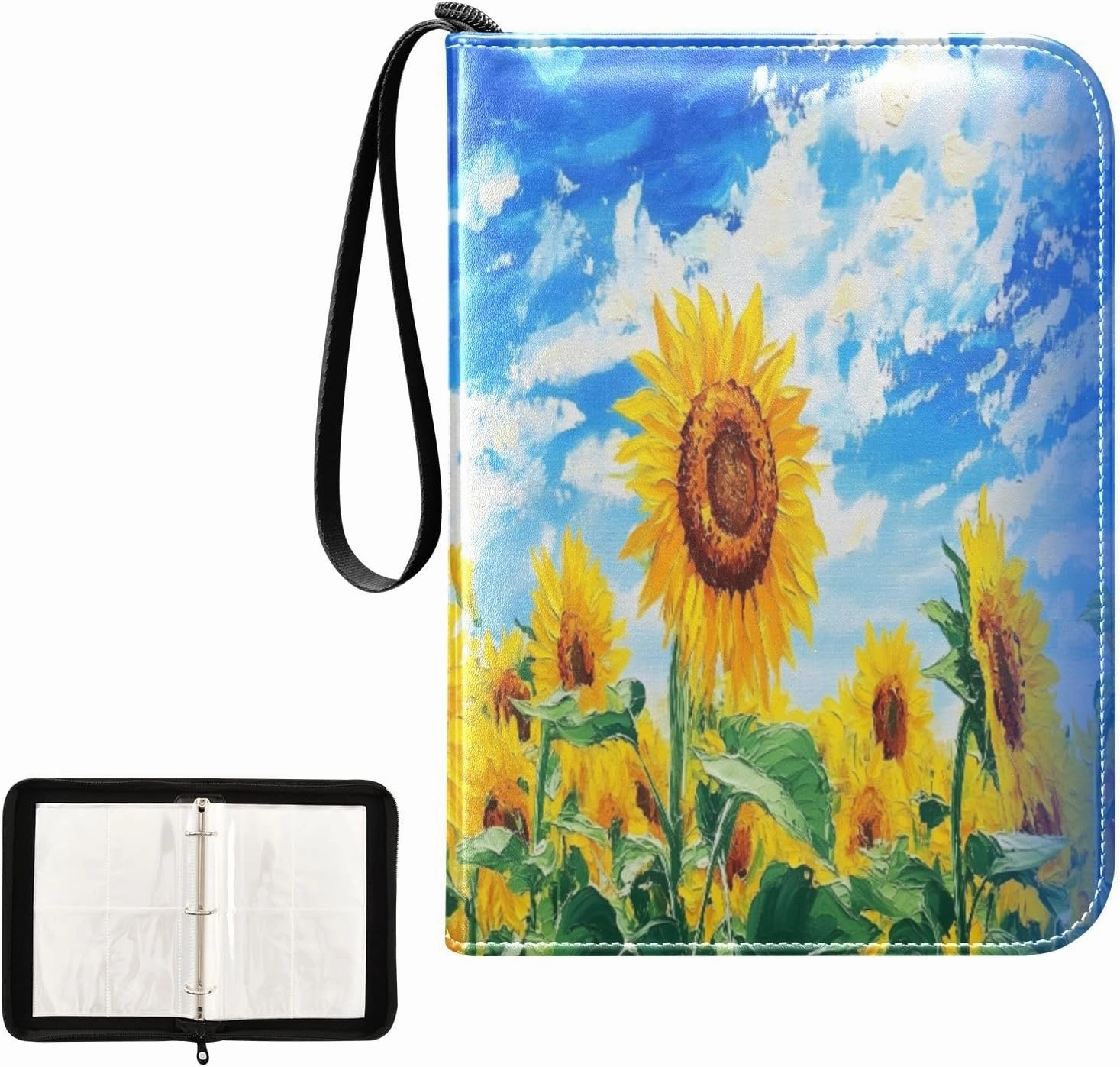 Sunflowers Blue Sky Painting Card Binder 4 Pocket, Trading Card Holder Fits 400 Game Cards with 50 Removable Sleeves, MTG Card Case Standard Size