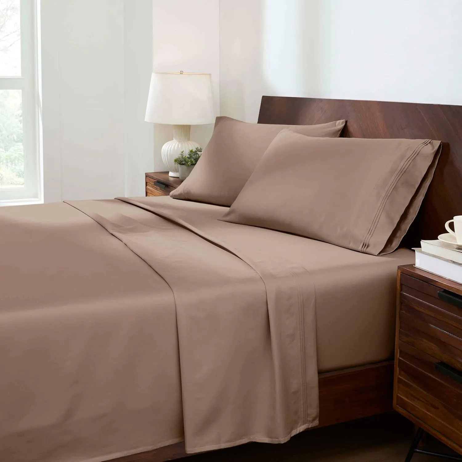 Superior Egyptian Cotton 4 Piece Sheet Set, Luxury 1500 Thread Count, Modern Design, Sustainable Sheets, Ultra-Soft Basics, Solid, Deep Pocket Fitted Sheet, Flat Sheet, Pillowcases, Queen, Taupe