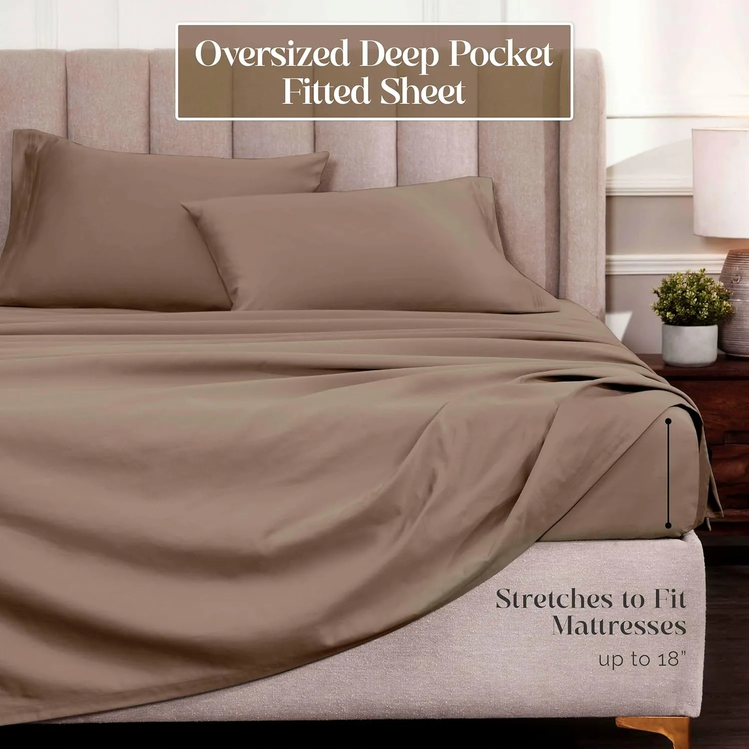 Superior Egyptian Cotton 4 Piece Sheet Set, Luxury 1500 Thread Count, Modern Design, Sustainable Sheets, Ultra-Soft Basics, Solid, Deep Pocket Fitted Sheet, Flat Sheet, Pillowcases, Queen, Taupe