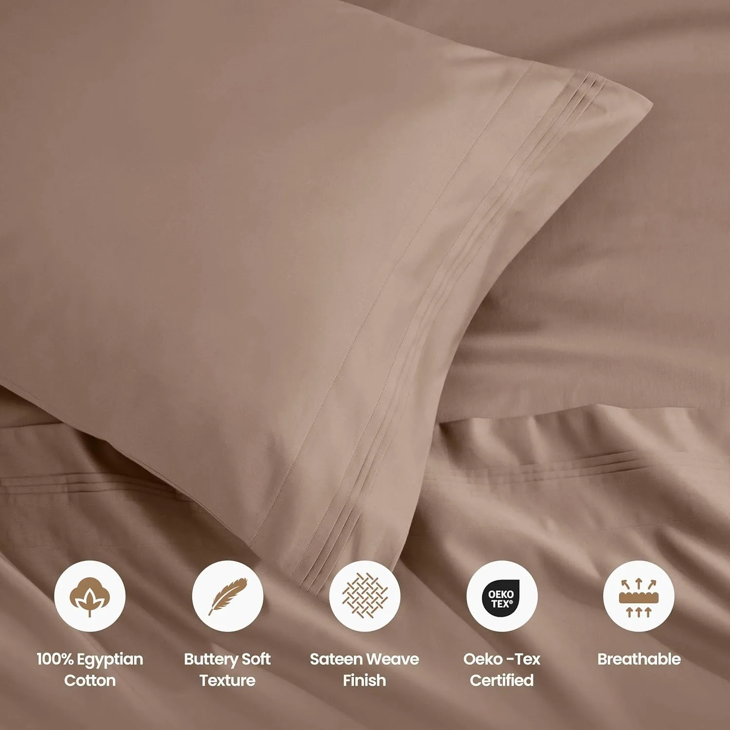 Superior Egyptian Cotton 4 Piece Sheet Set, Luxury 1500 Thread Count, Modern Design, Sustainable Sheets, Ultra-Soft Basics, Solid, Deep Pocket Fitted Sheet, Flat Sheet, Pillowcases, Queen, Taupe