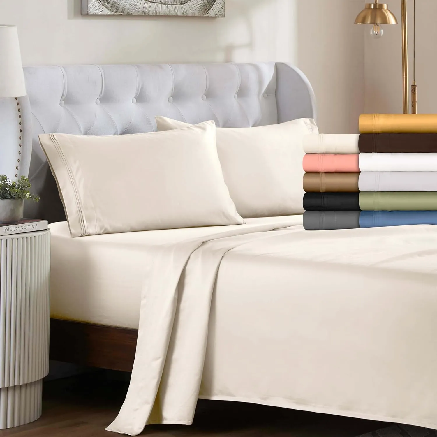 Superior Egyptian Cotton 4 Piece Sheet Set, Luxury 1500 Thread Count, Modern Design, Sustainable Sheets, Ultra-Soft Basics, Solid, Deep Pocket Fitted Sheet, Flat Sheet, Pillowcases, Queen, Taupe