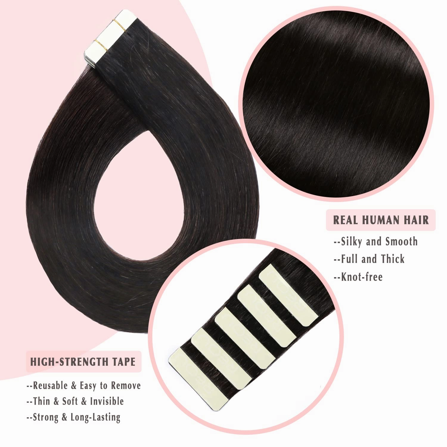 SURNEL Tape in Hair Extensions Double Drawn Hair Extensions Tape in Human Hair Color 1B Off Black Remy Tape in Hair Extensions Human Hair 20 inch 20pcs 50g(#1B-20)