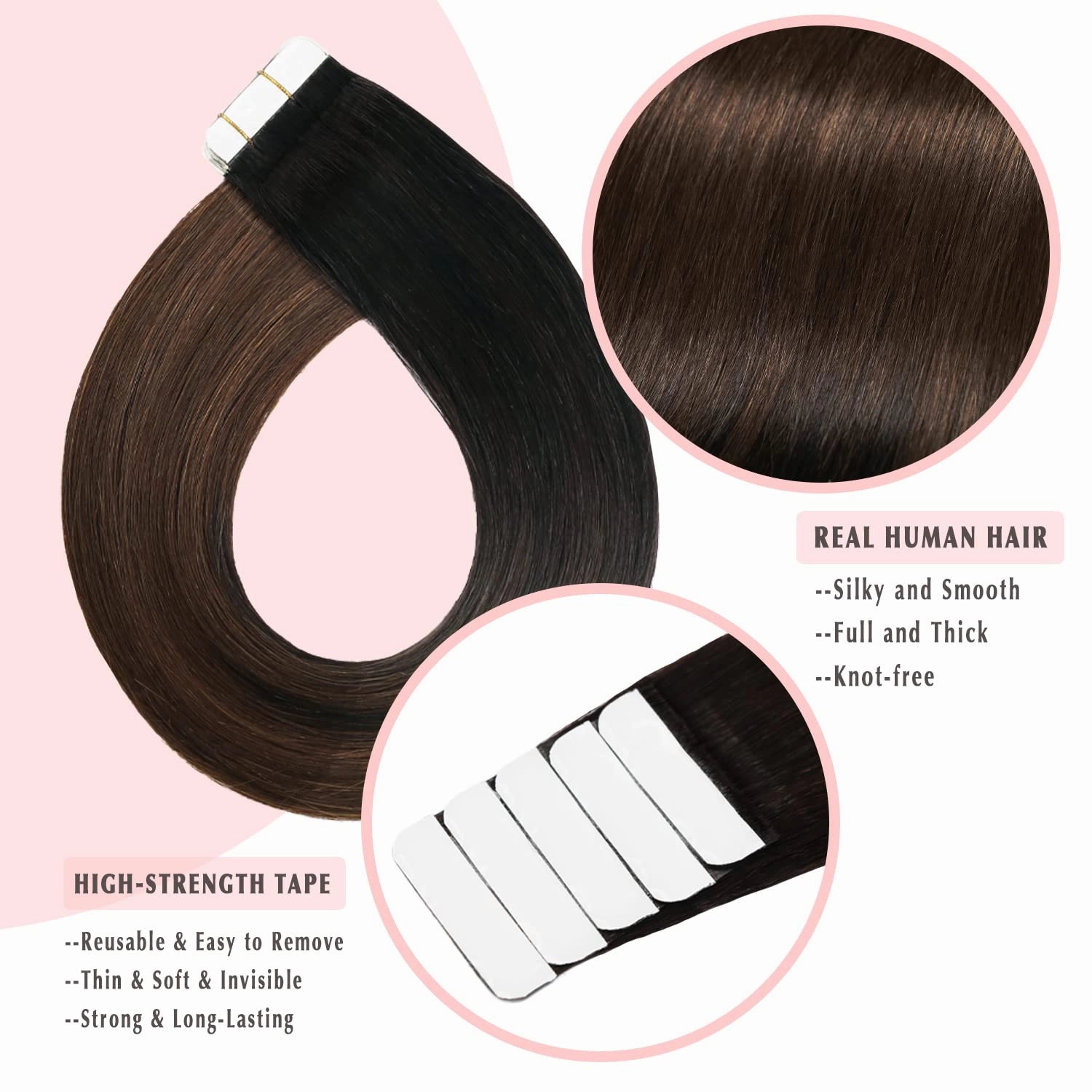 SURNEL Tape in Hair Extensions Ombre Color 1B Off Black Fading To 4 Middle Brown Remy Human Hair Tape in 20 inch 20pcs 50g(#1BT4-20)