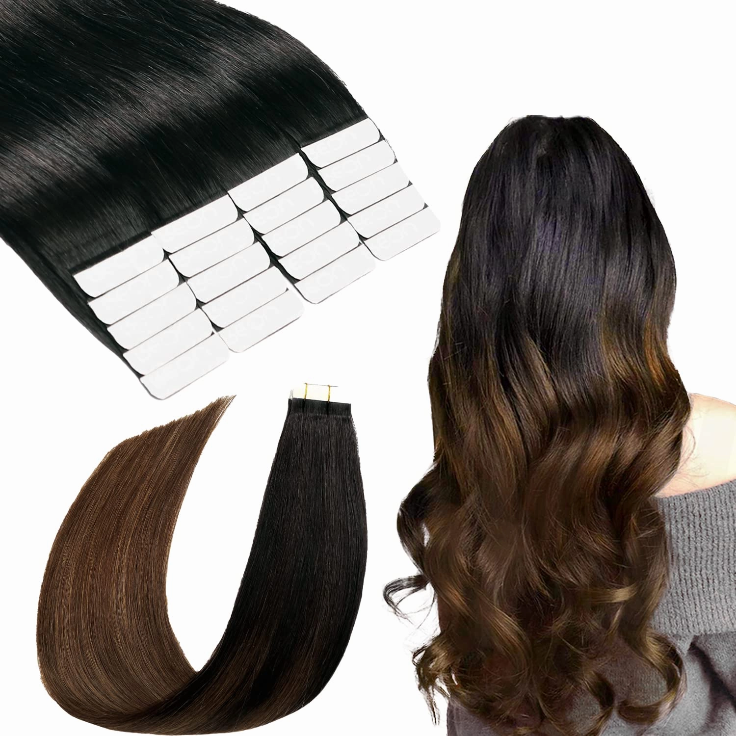 SURNEL Tape in Hair Extensions Ombre Color 1B Off Black Fading To 4 Middle Brown Remy Human Hair Tape in 20 inch 20pcs 50g(#1BT4-20)