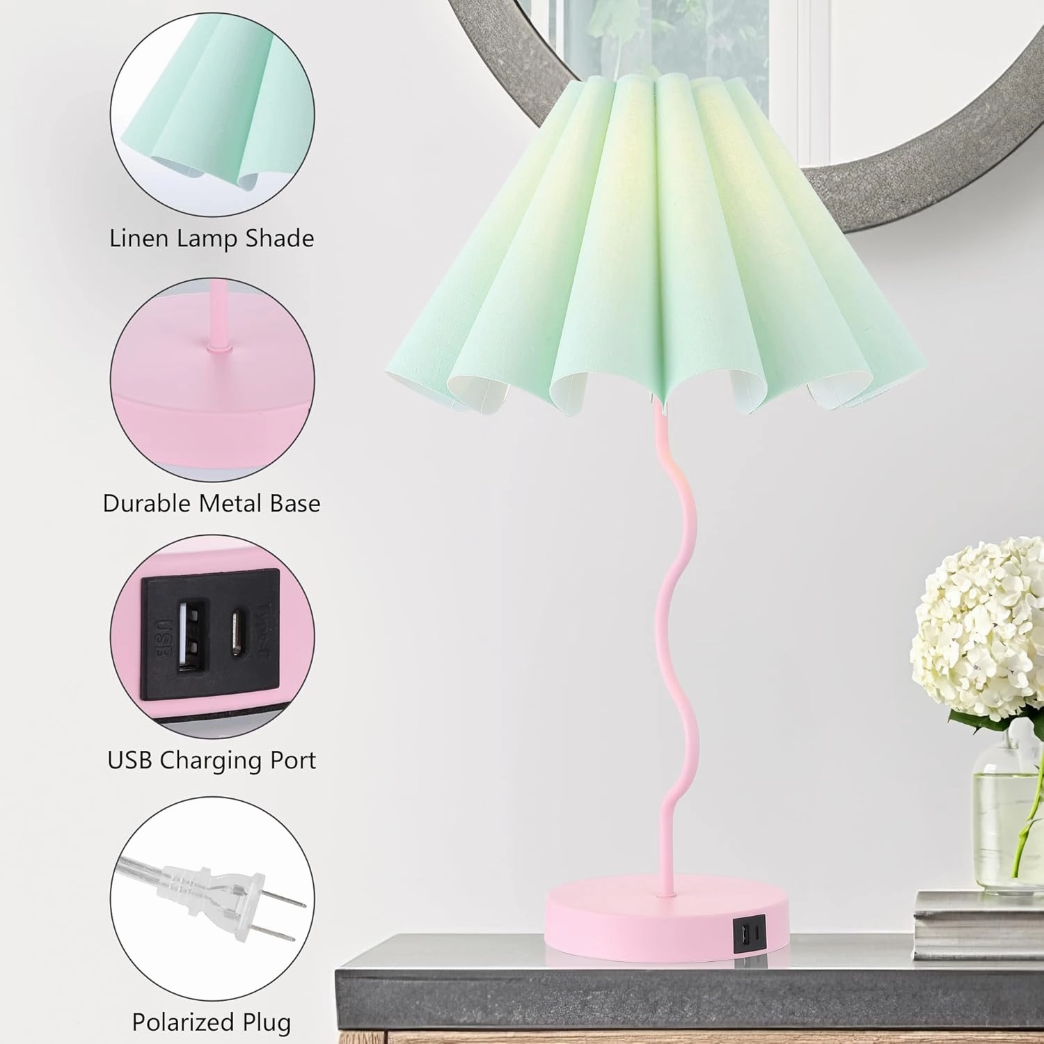 Table Lamps Set of 2 Modern Bedroom Nightstand Lamps Pink Lamp for Living Room End Table Touch Dimmable Lamp with USB Port and Outlet Charging Station