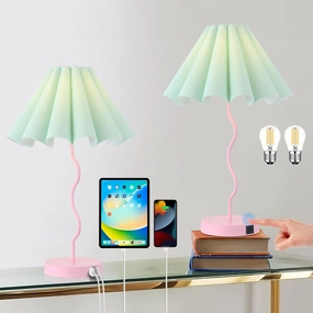 Table Lamps Set of 2 Modern Bedroom Nightstand Lamps Pink Lamp for Living Room End Table Touch Dimmable Lamp with USB Port and Outlet Charging Station