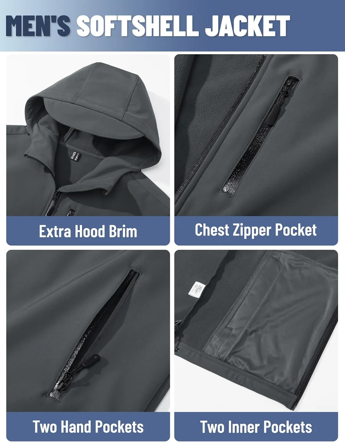 TACVASEN Men's Hooded Softshell Jacket Lightweight Waterproof Fleece Lined Windbreaker Rain Jacket Winter Outdoor Hiking