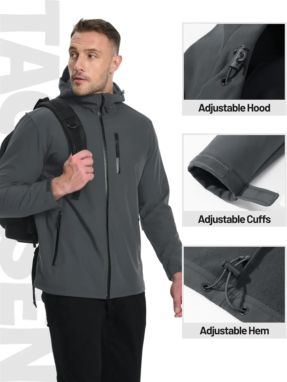 TACVASEN Men's Hooded Softshell Jacket Lightweight Waterproof Fleece Lined Windbreaker Rain Jacket Winter Outdoor Hiking