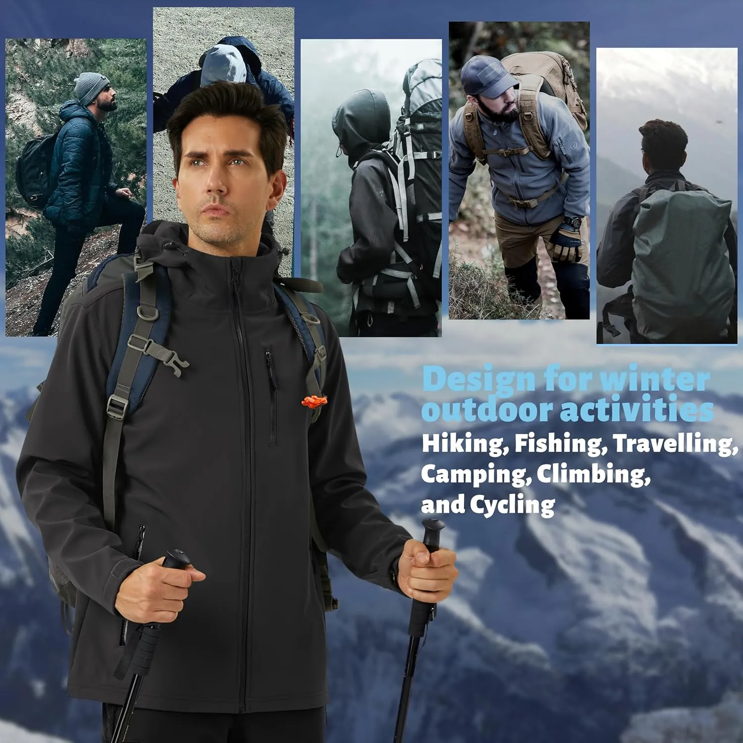 TACVASEN Men's Hooded Softshell Jacket Lightweight Waterproof Fleece Lined Windbreaker Rain Jacket Winter Outdoor Hiking