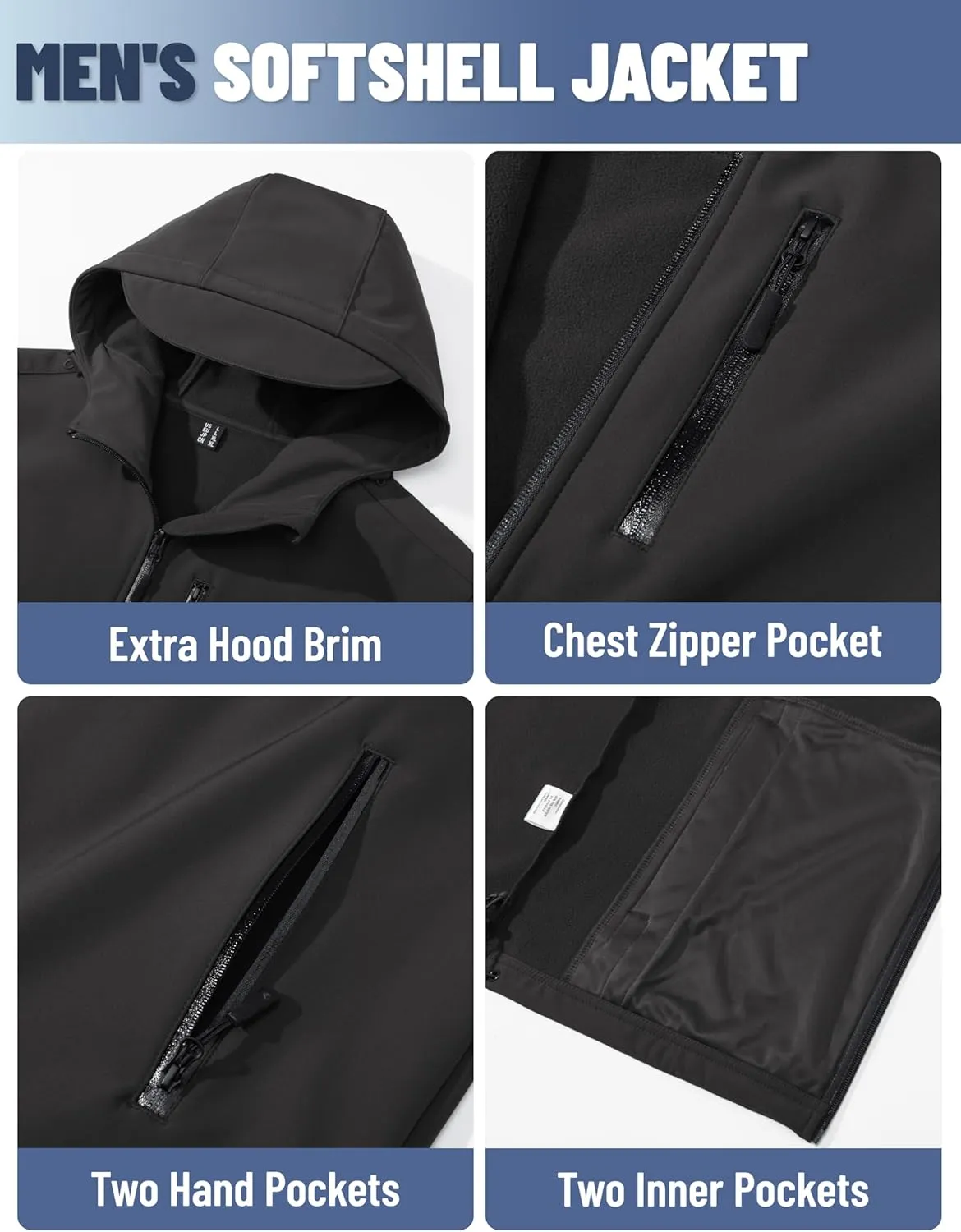 TACVASEN Men's Hooded Softshell Jacket Lightweight Waterproof Fleece Lined Windbreaker Rain Jacket Winter Outdoor Hiking