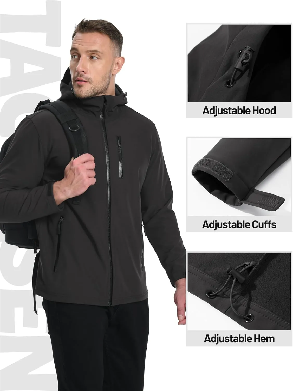 TACVASEN Men's Hooded Softshell Jacket Lightweight Waterproof Fleece Lined Windbreaker Rain Jacket Winter Outdoor Hiking