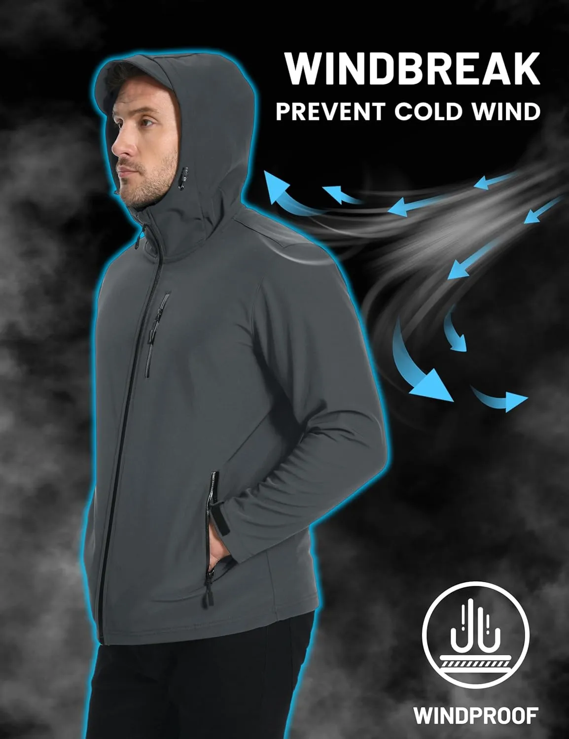 TACVASEN Men's Hooded Softshell Jacket Lightweight Waterproof Fleece Lined Windbreaker Rain Jacket Winter Outdoor Hiking